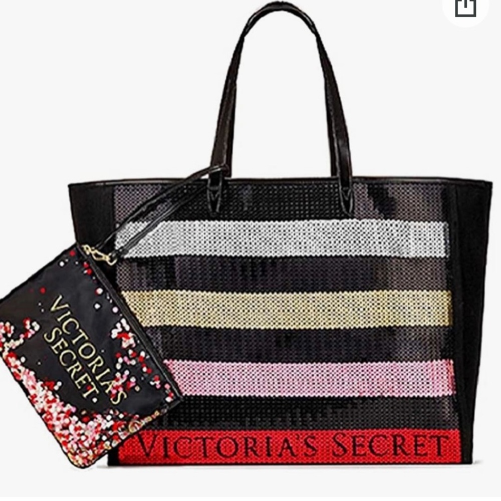 Victoria's Secret Bling Stripe Sequin Carryall Tote W Mini Bag Set Black/Red